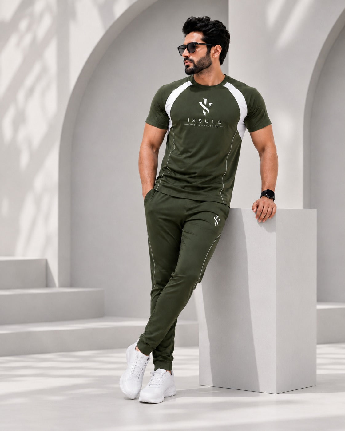ISSULO Olive Green & White Dry-Fit Tracksuit