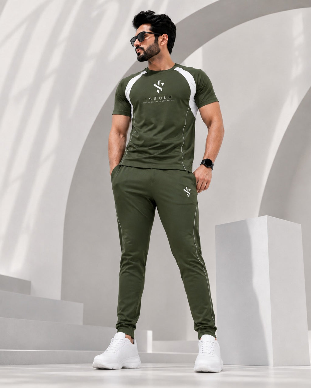 ISSULO Olive Green & White Dry-Fit Tracksuit
