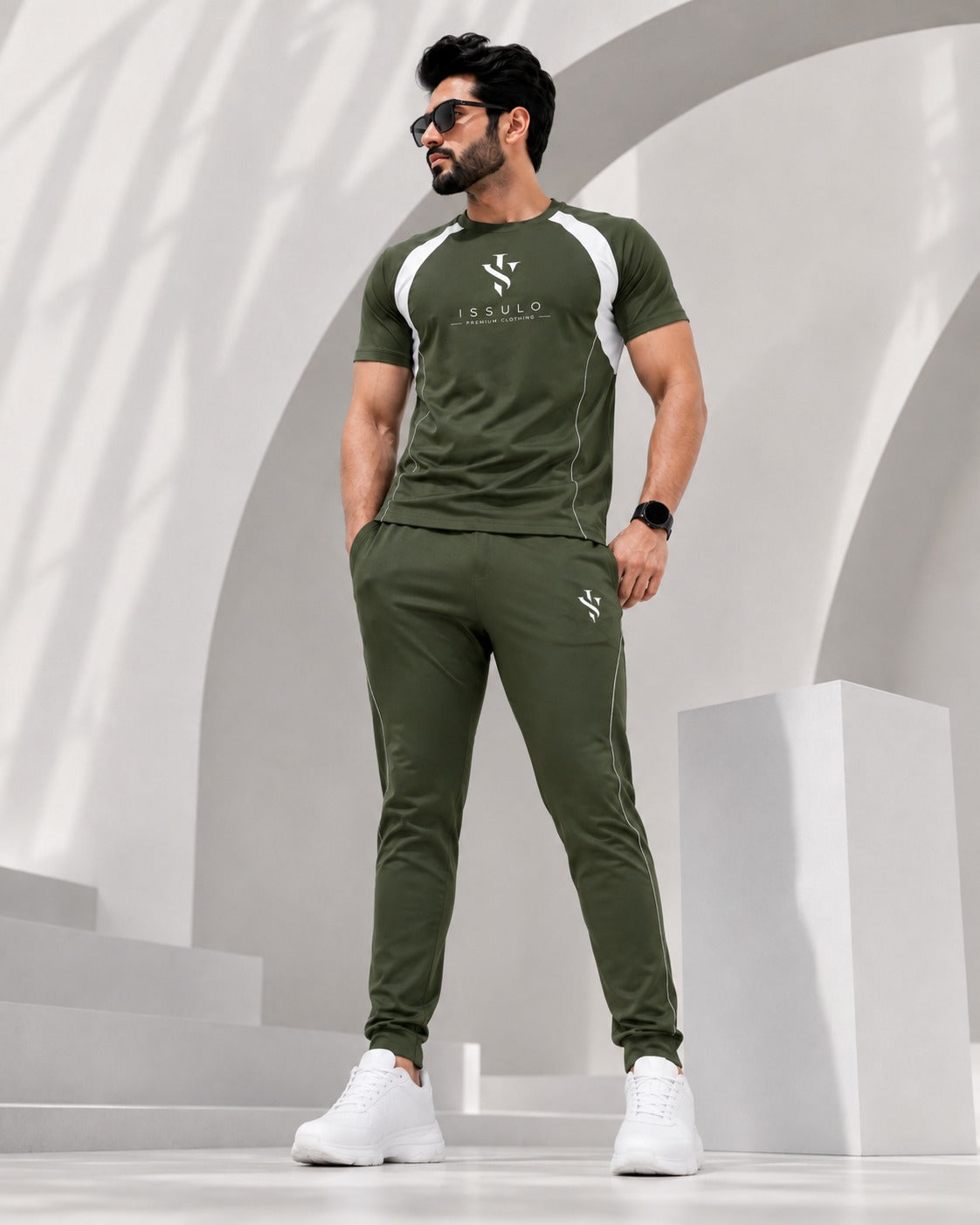 ISSULO Olive Green & White Dry-Fit Tracksuit