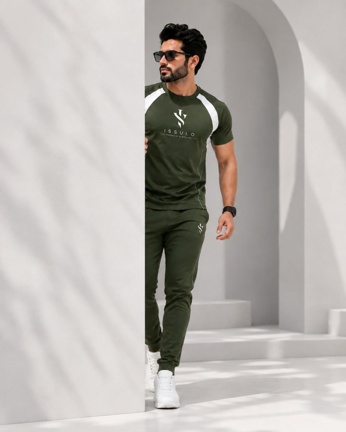 ISSULO Olive Green & White Dry-Fit Tracksuit