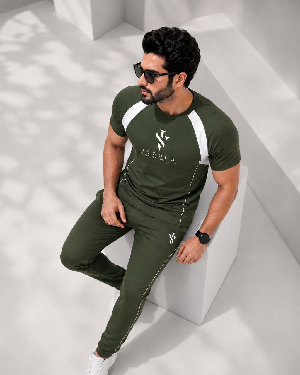 ISSULO Olive Green & White Dry-Fit Tracksuit