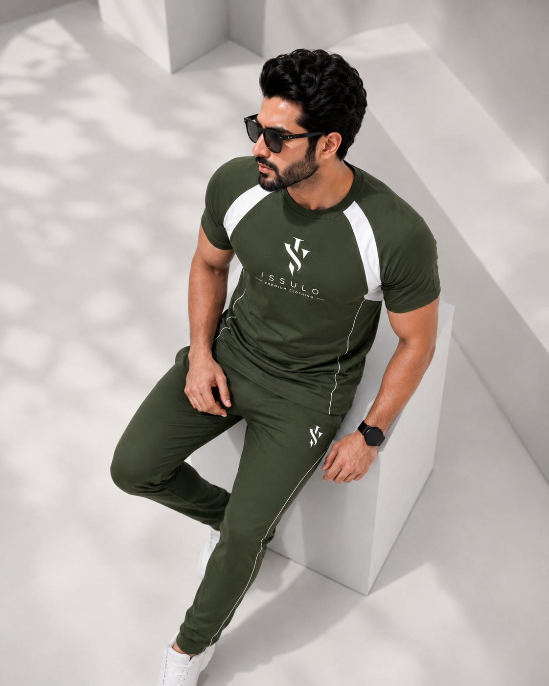 ISSULO Olive Green & White Dry-Fit Tracksuit