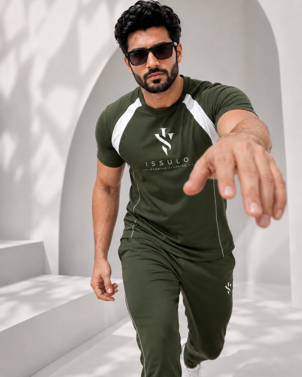 ISSULO Olive Green & White Dry-Fit Tracksuit