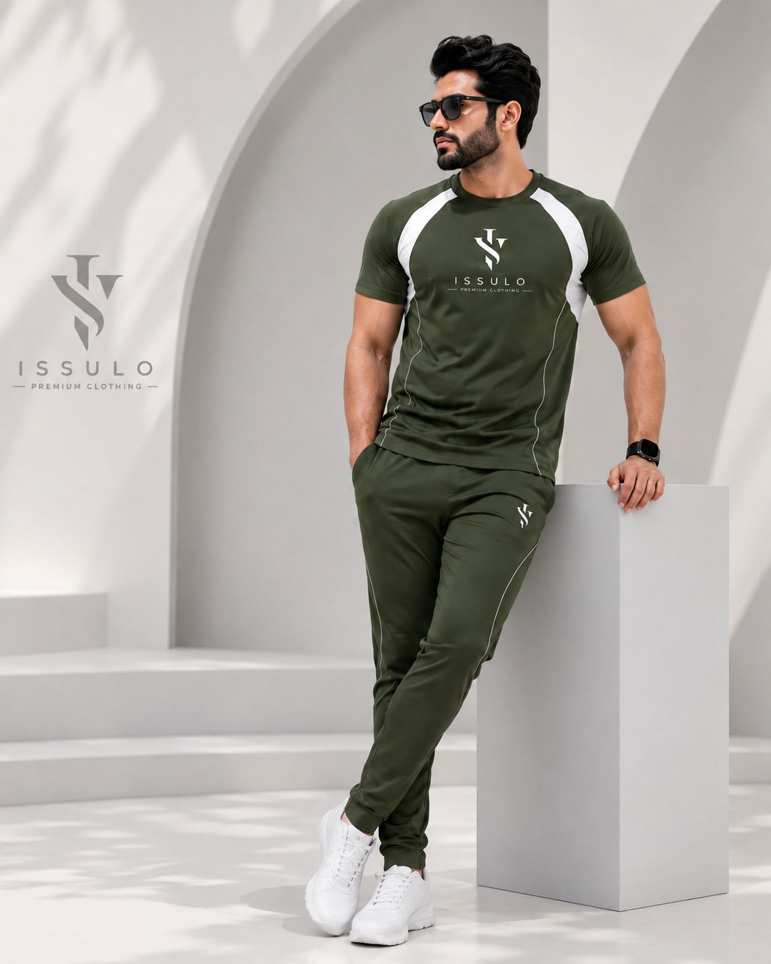 ISSULO Olive Green & White Dry-Fit Tracksuit