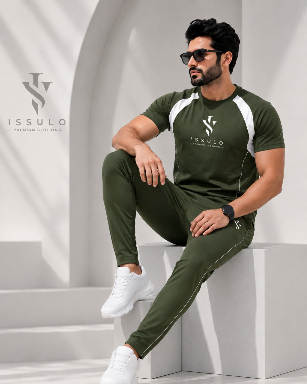 ISSULO Olive Green & White Dry-Fit Tracksuit
