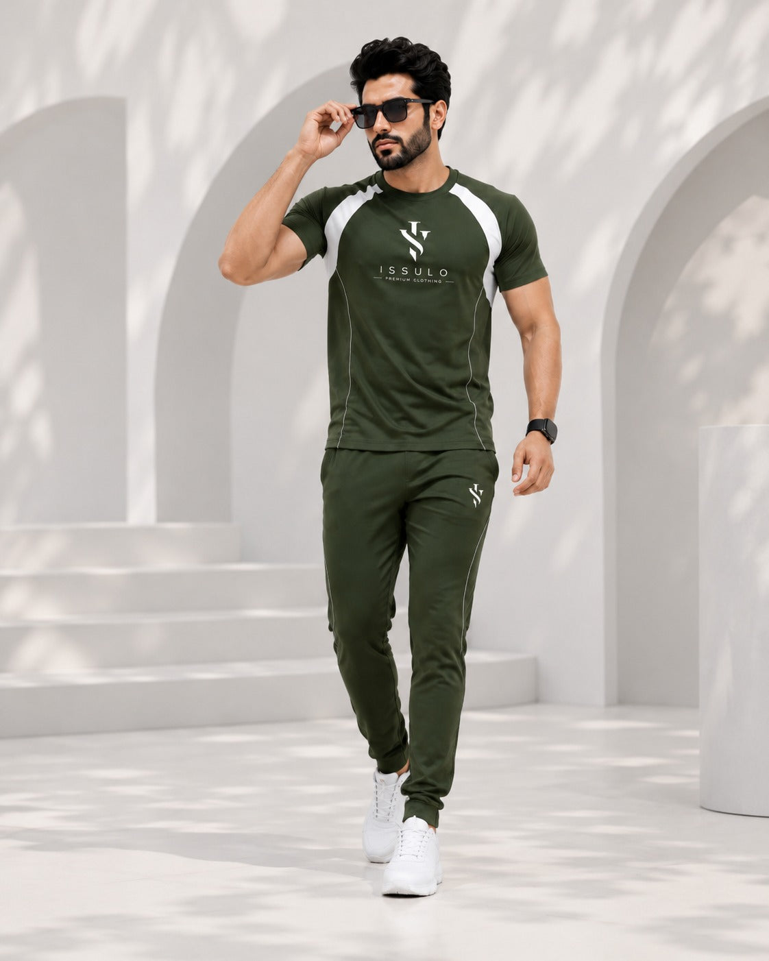 ISSULO Olive Green & White Dry-Fit Tracksuit