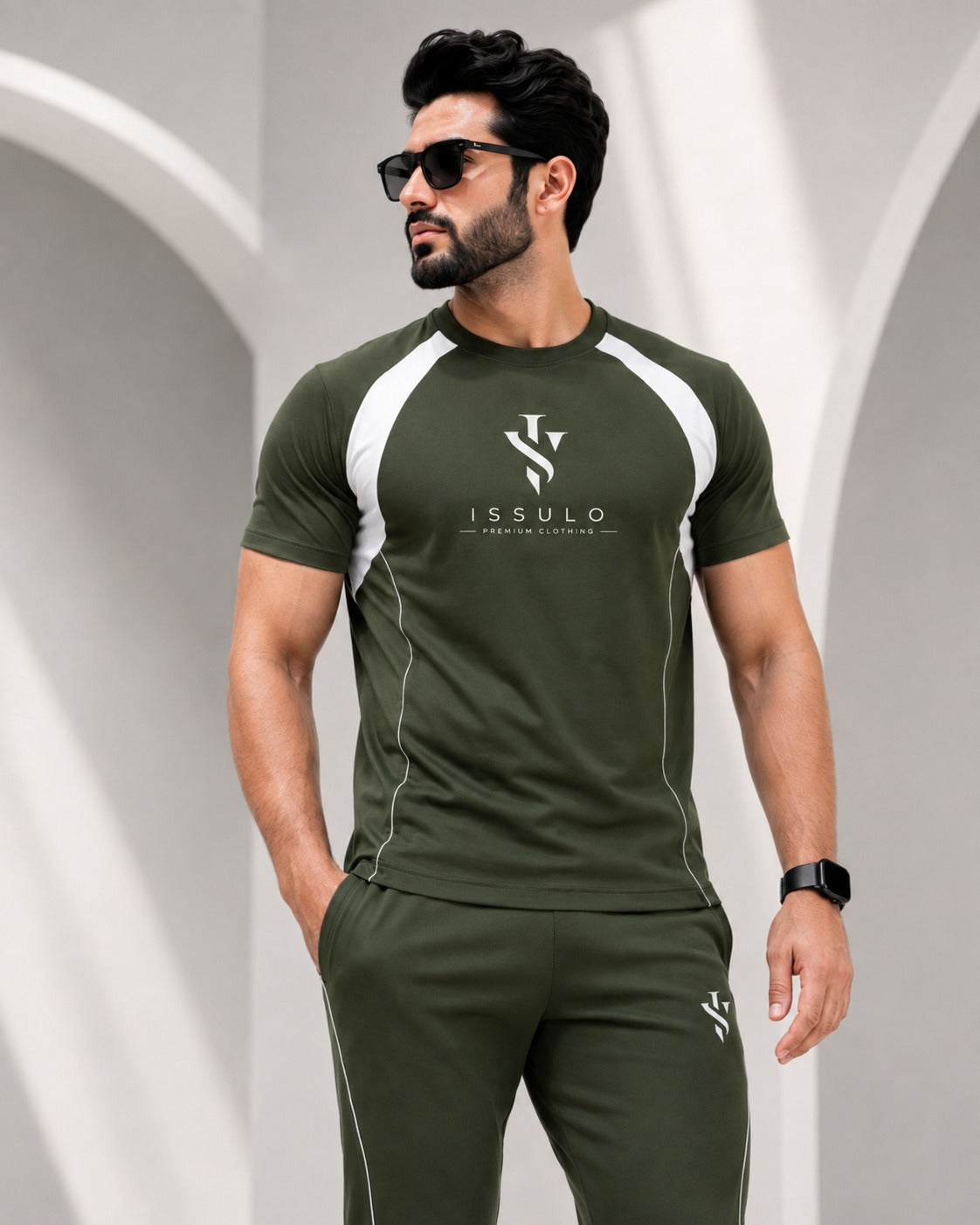 ISSULO Olive Green & White Dry-Fit Tracksuit