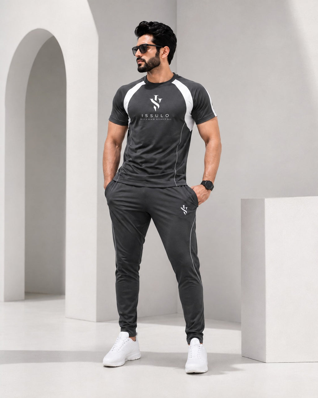 ISSULO Charcoal Grey & White Dry-Fit Tracksuit