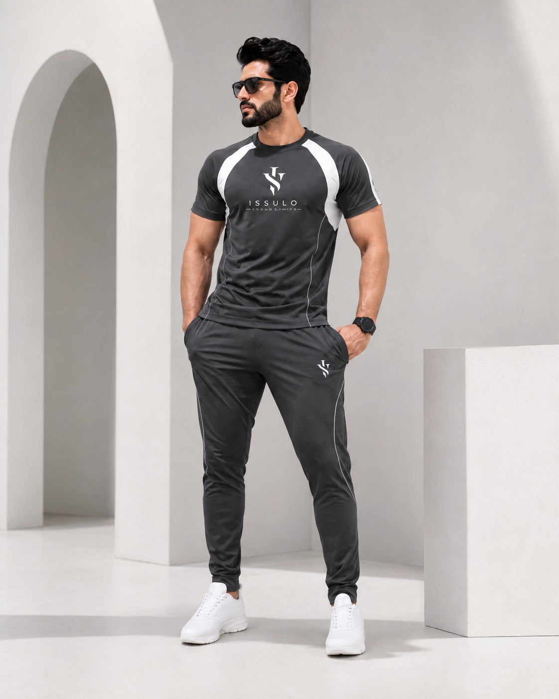 ISSULO Charcoal Grey & White Dry-Fit Tracksuit
