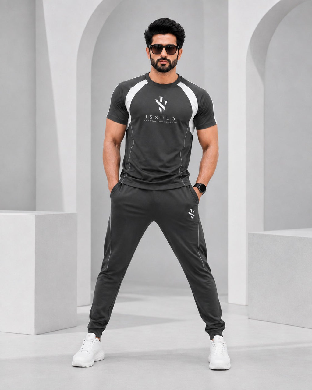 ISSULO Charcoal Grey & White Dry-Fit Tracksuit